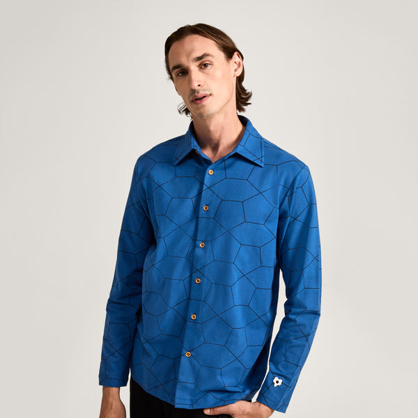 Able Made Ayden Button Shirt blue print, certified organic jersey.